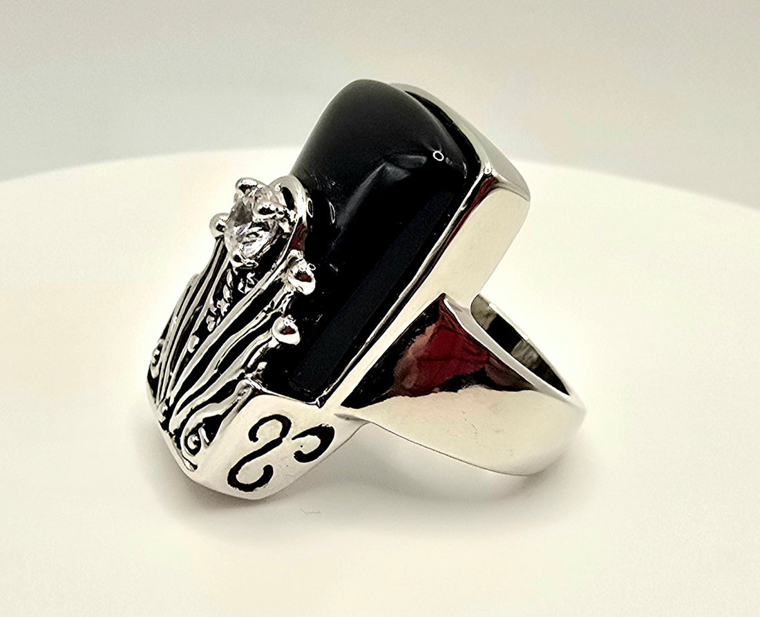 Architectural Onyx & Filigree Shield Ring