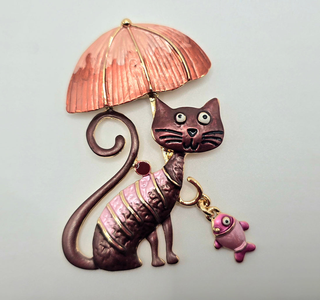 The Happiest Cat Under that Umbrella Magnetic Brooch