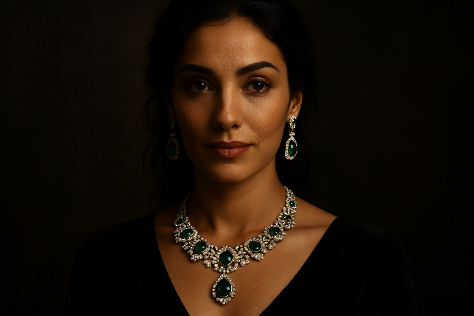 trustworthy, exotic, mysterious woman wearing necklace and earrings